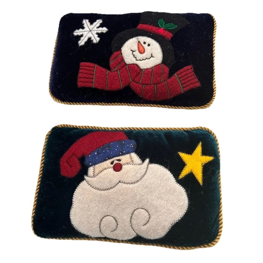 Mini Velvety Christmas Pillows 2 Snowman Santa Stitching Gold Cord
